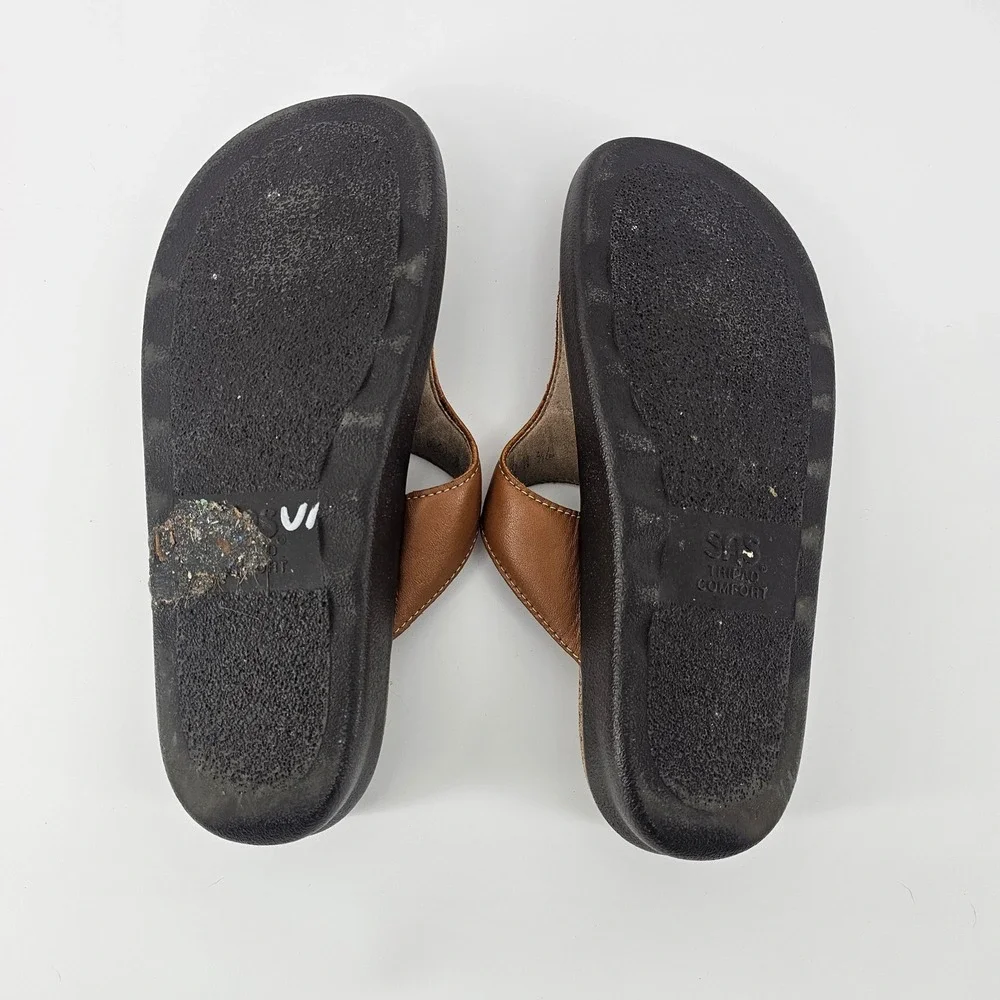 SAS Sanibel T-Strap Sandals 9.5 Brown Leather Buckle Tripad Comfort Granola